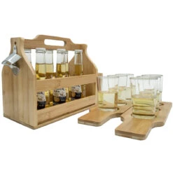 Bamboo Wine Caddy With Bottle Opener & Sampler Paddles