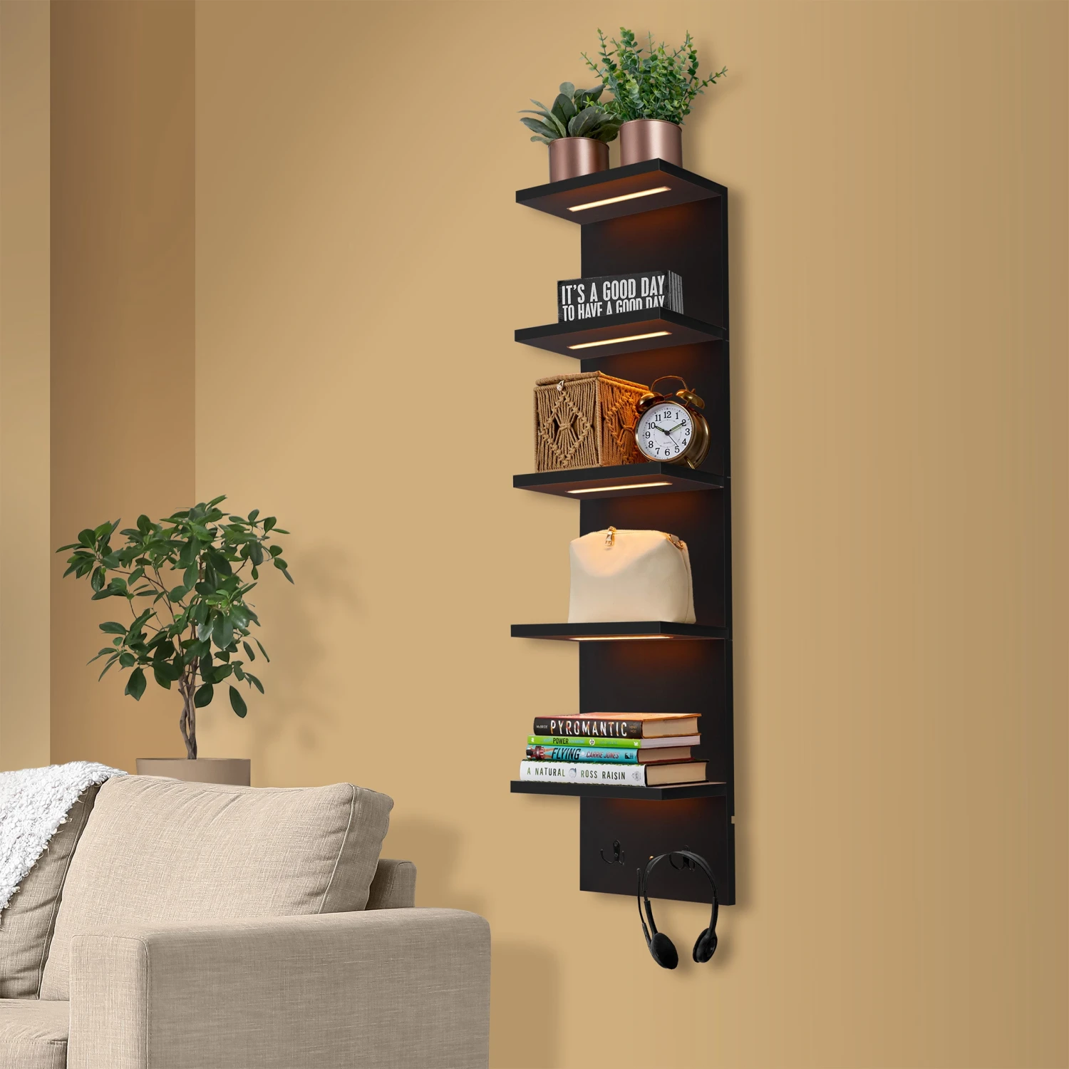 5 Tier Vertical Wall Shelf Unit With LED Lights 4 5 Tier Vertical Wall Shelf Unit With LED Lights - Image 2