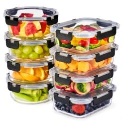 Glass Meal Prep Containers Airtight Lids Mix Shape (Set Of 8)
