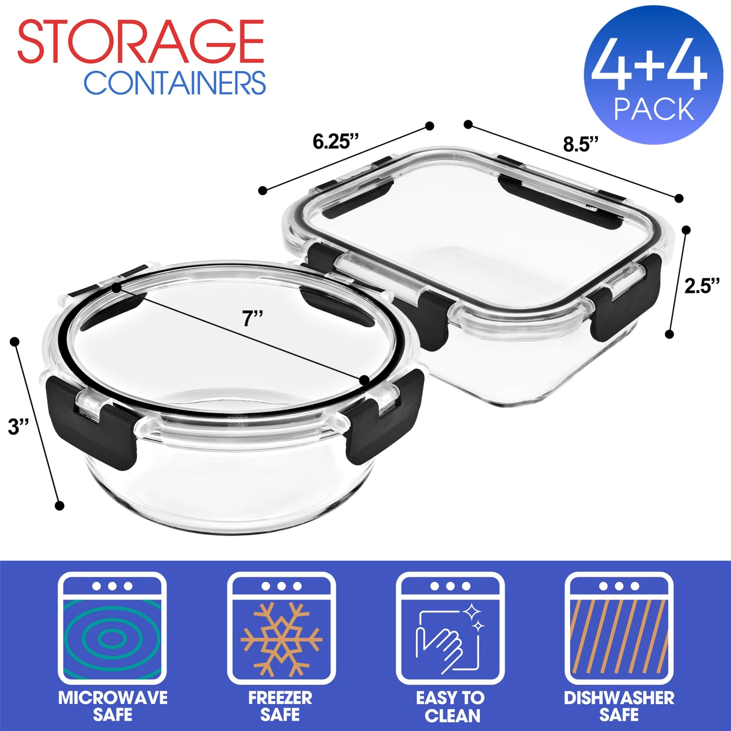 Glass Meal Prep Containers Airtight Lids Mix Shape (Set Of 8) 4 Glass Meal Prep Containers Airtight Lids Mix Shape (Set Of 8) - Image 2