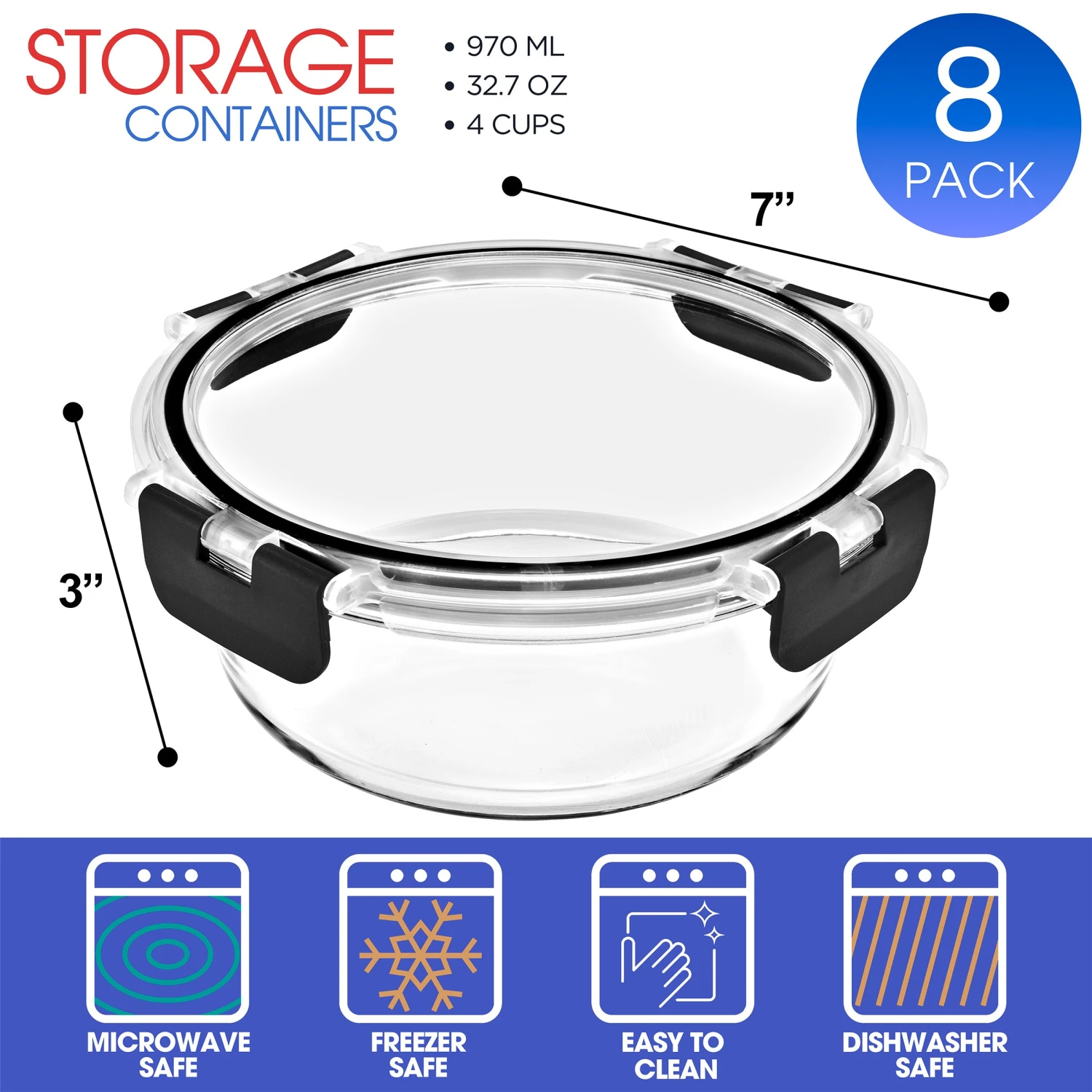 Glass Round Food Containers With Airtight Lids (8 Pack) 4 Glass Round Food Containers With Airtight Lids (8 Pack) - Image 2