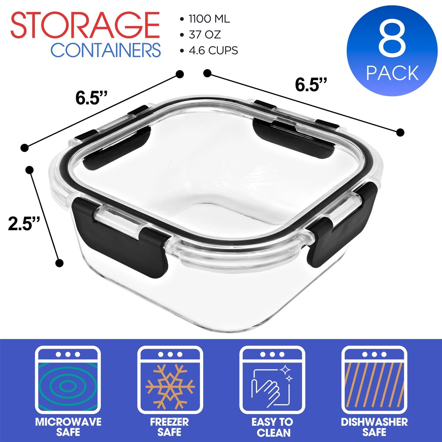 Square Glass Meal Prep Containers Airtight Lids (Set Of 8) 4 Square Glass Meal Prep Containers Airtight Lids (Set Of 8) - Image 2