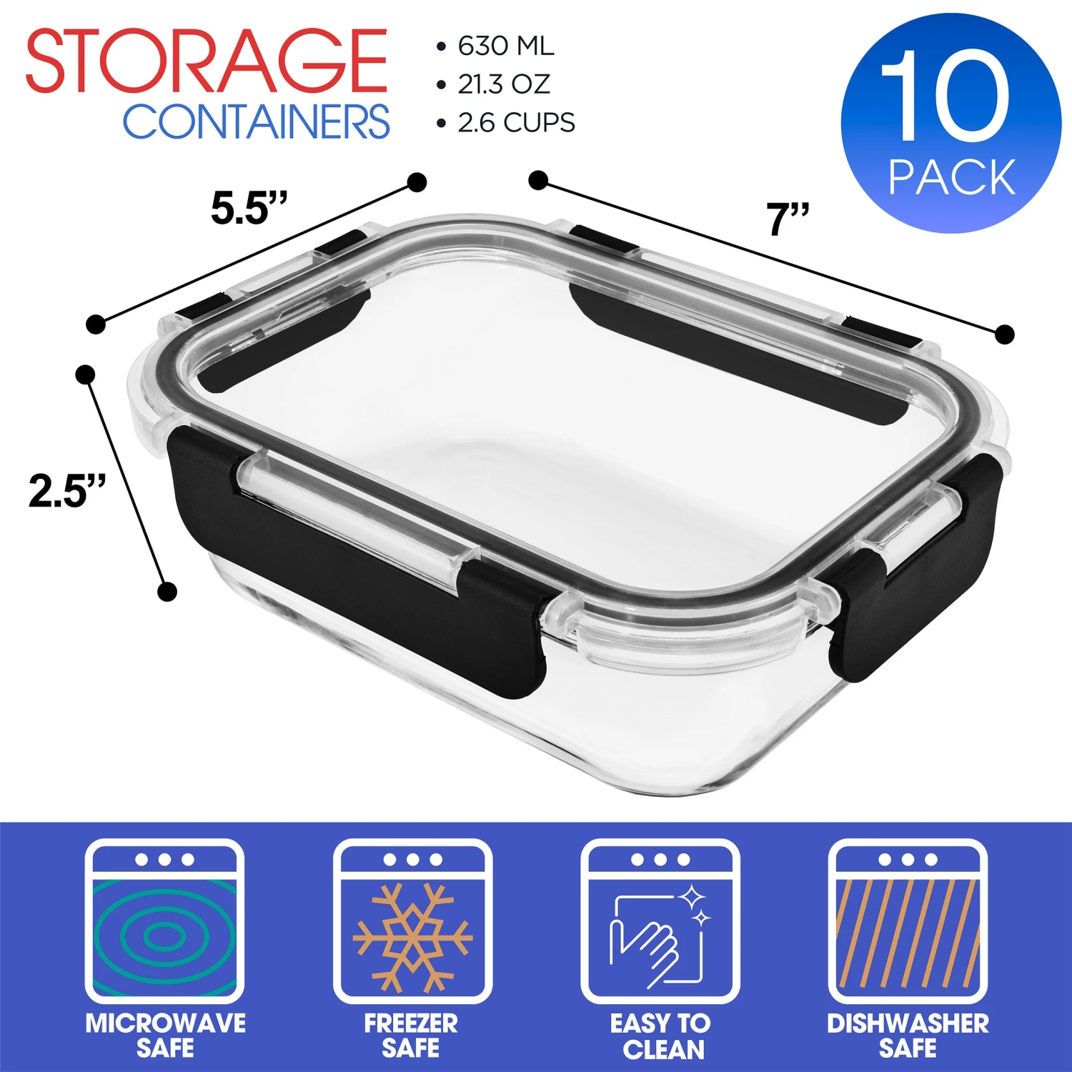Rectangular Glass Meal Prep Containers Airtight Lids (Set Of 10) 4 Rectangular Glass Meal Prep Containers Airtight Lids (Set Of 10) - Image 2