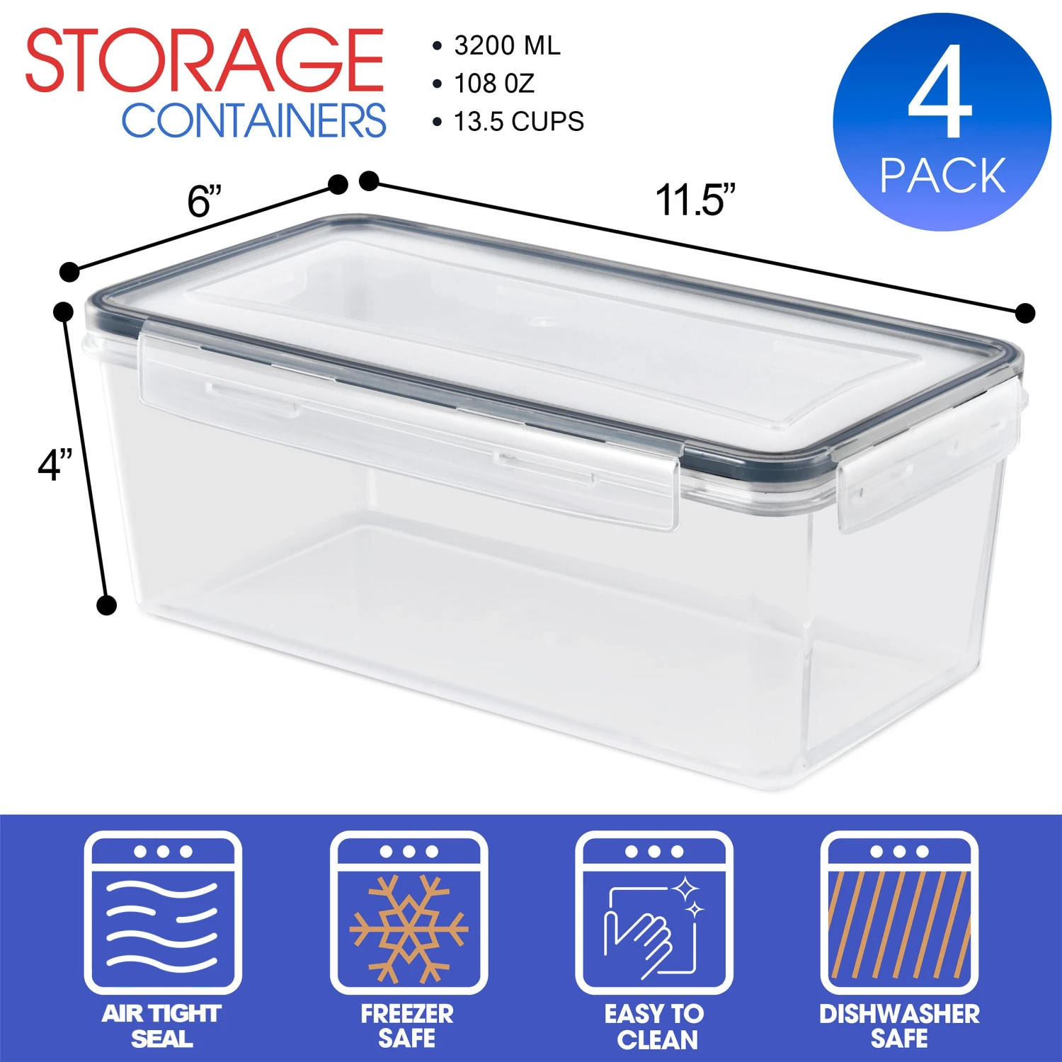 Long Rectangular Airtight Food Storage Containers With Lids (4 Pack) 7 Long Rectangular Airtight Food Storage Containers With Lids (4 Pack) - Image 5